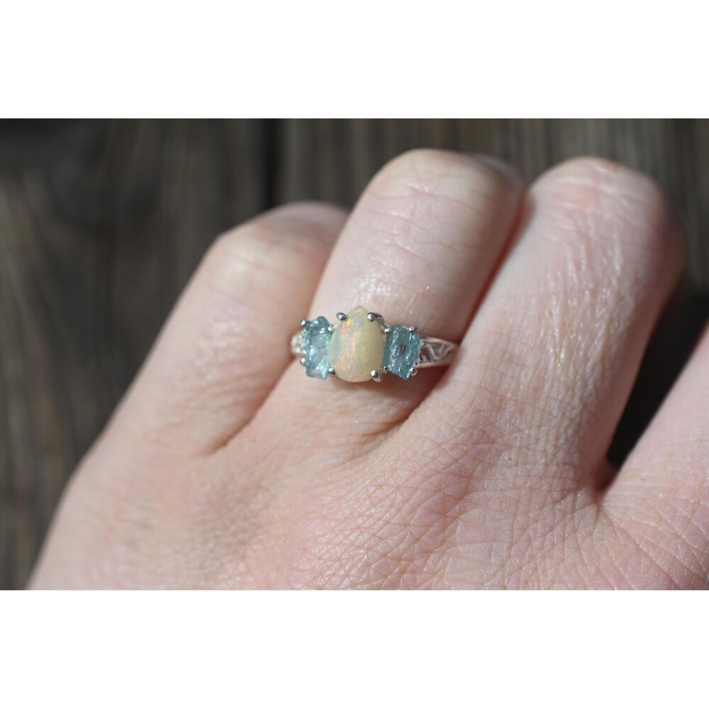Engagement ring Aquamarine and opal  sterling silver size 3 4 5 6 7 8 9 10 11 12